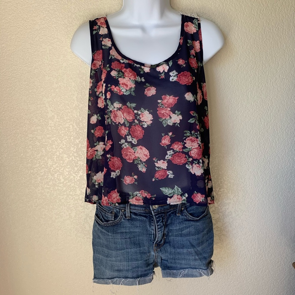 Floral Tank with Crochet Back Detail